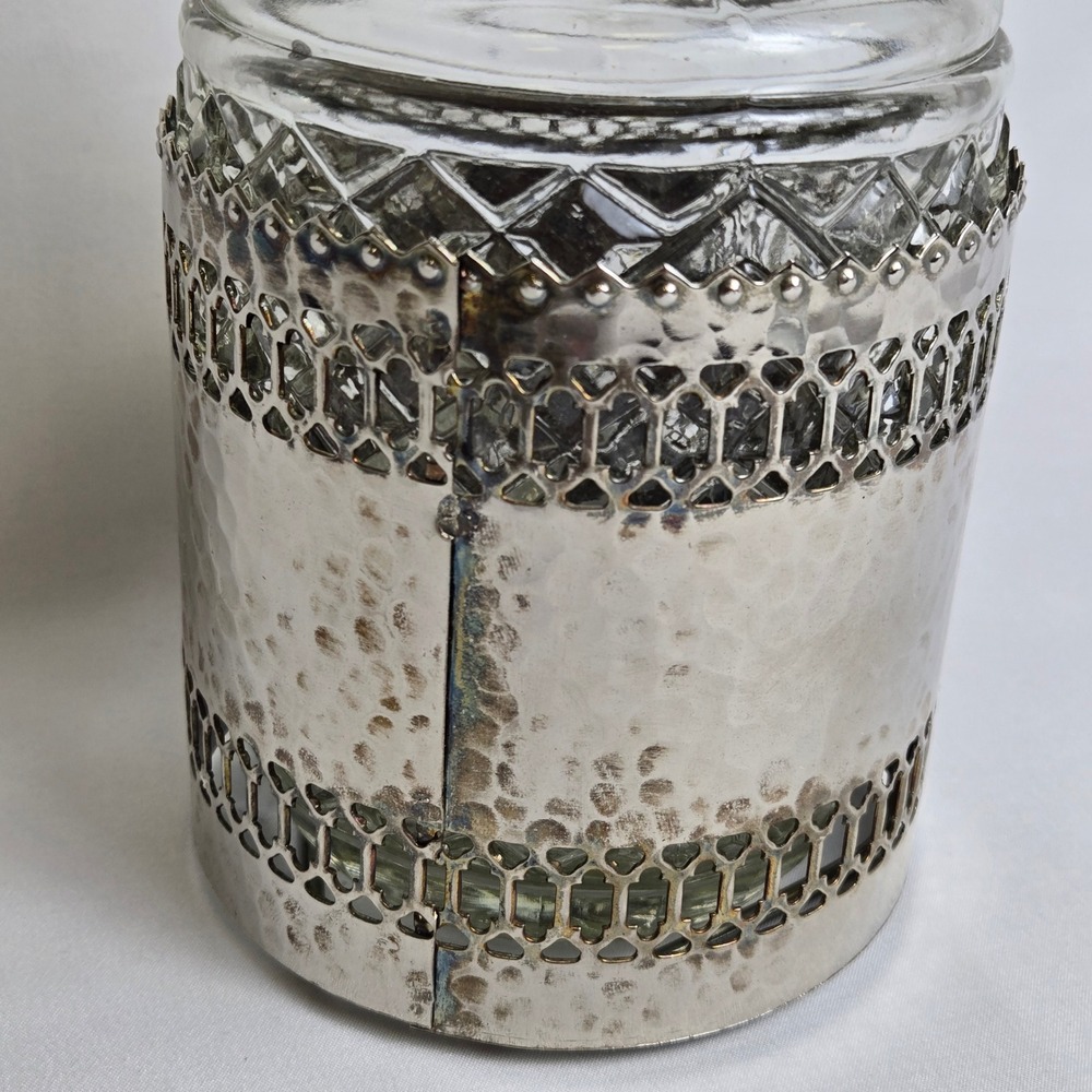 Glass Liquor Decanter, Decorative Silver Tone Hammered Metal Caddy 11" Vintage - Picture 14 of 16